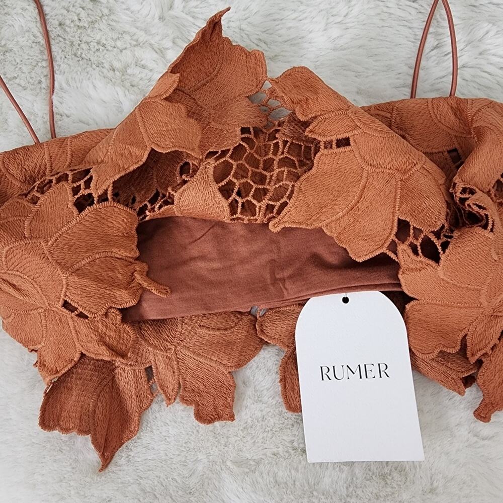 Rumer The Label Tropez Rust Orange Floral Lace Asymmetric Crop Top Medium NWT - Picture 5 of 13